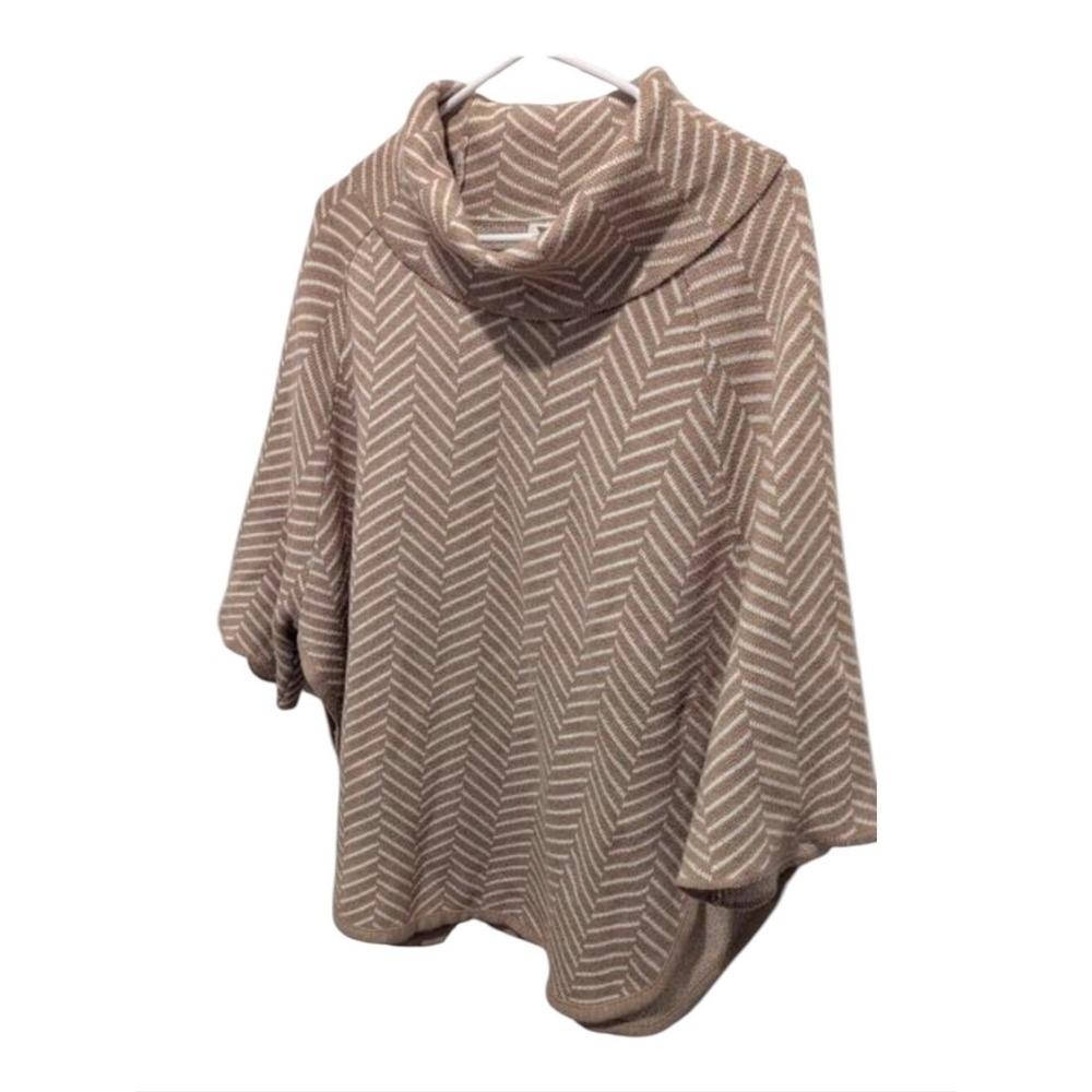 Coastal Quiet Luxury Chevron Cowl Neck Poncho Sweater Loft XS/S Cream‎ Striped
